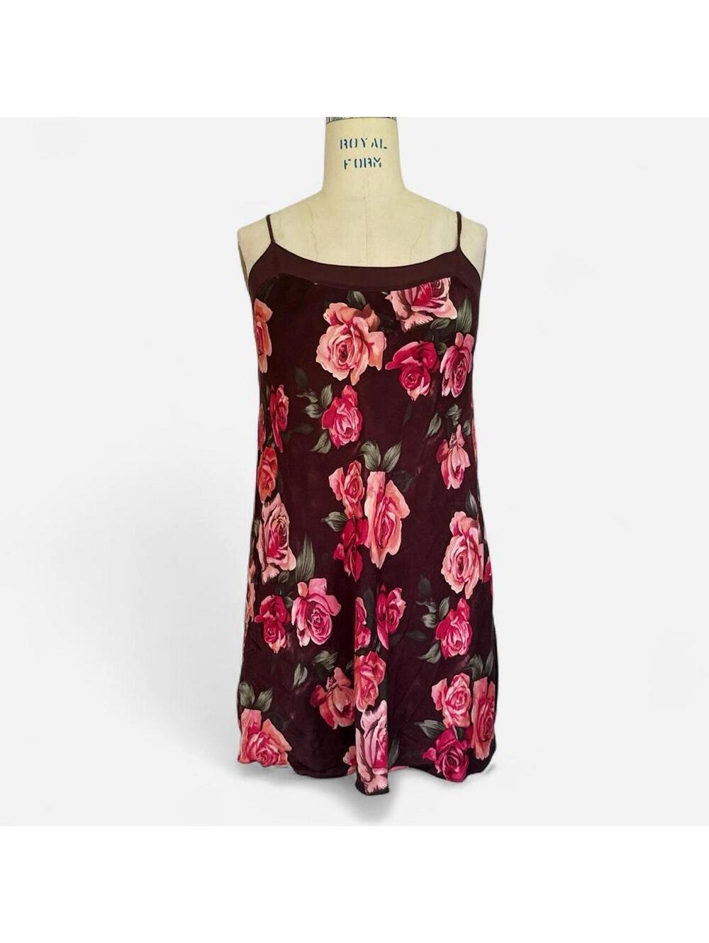 Y2K Burgundy Brown Rose Floral Mini Slip Dress in Burgundy